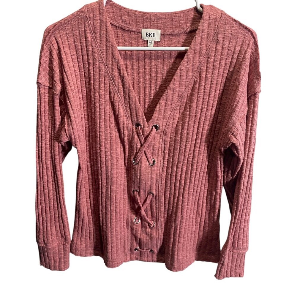 BKE Lace-Up Ribbed‎ Knit Long Sleeve Top Womens XS Rose Pink